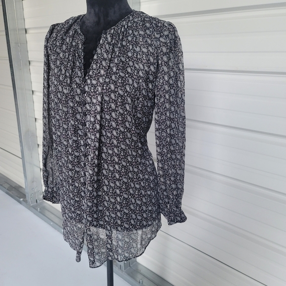 ZARA Paisley Boho Semi Sheer Long Sleeve Chiffon Blouse Lurex Black Buttons XS - Picture 8 of 12